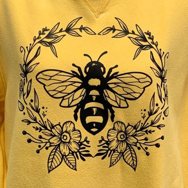 Hand Printed Upcycled Womens Large Bumble Bee Flowers Floral Sweatshirt