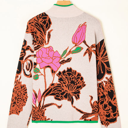 Khaki Contrast Trim Floral Pattern Quarter Zip Stand Neck Sweater
