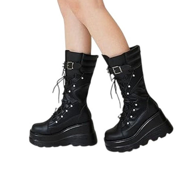 Tscoyuki Women Size 7 Black 3.5" Platform Lace Up Goth Wedge Mid Calf Boot Shoes