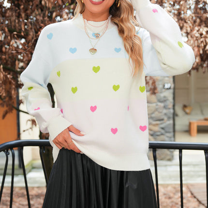 Multicolor Heart Pattern Colorblock High Neck Sweater