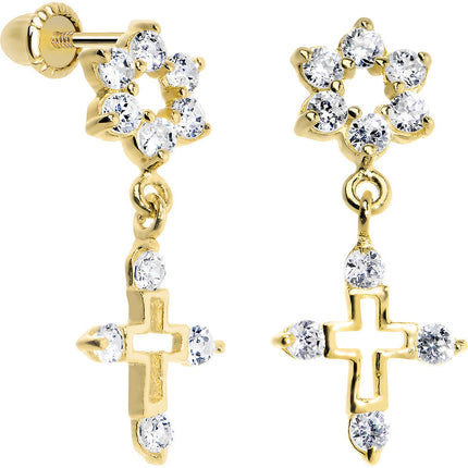 14K Yellow Gold Clear CZ Flower Cross Dangle Youth Earrings