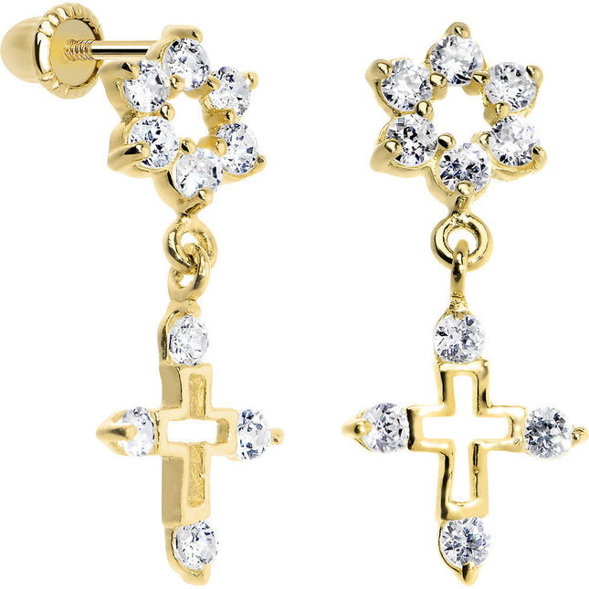 14K Yellow Gold Clear CZ Flower Cross Dangle Youth Earrings