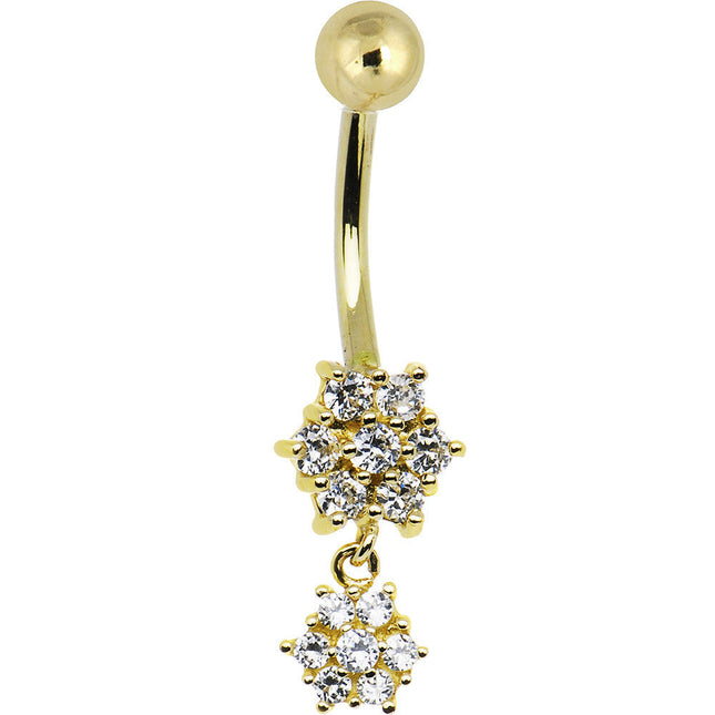 16G Solid 14k Yellow Gold Cubic Zirconia Dangle Flower Belly Ring