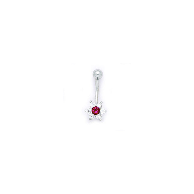 16G Solid 14k White Gold Clear Red Cubic Zirconia Flower Belly Ring
