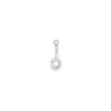16G Solid 14k White Gold Zirconia Opal Heart Belly Ring