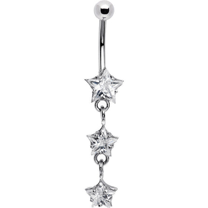 16G Solid 14k White Gold Zirconia Trio Star Belly Ring