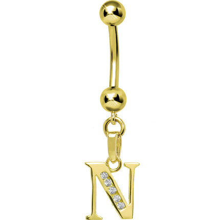 16G Solid 14k Yellow Gold CZ Initial N Belly Ring