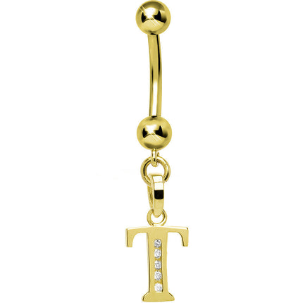 16G Solid 14k Yellow Gold CZ Initial T Belly Ring