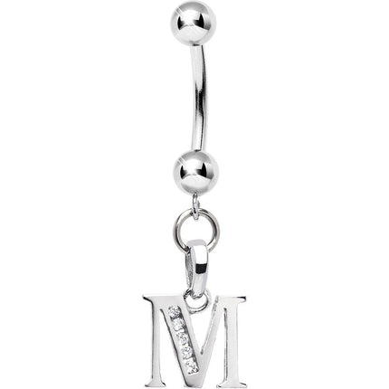 16G Solid 14k White Gold CZ Initial M Belly Ring