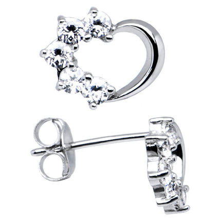 14k White Gold CZ Hollow Heart Stud Earrings