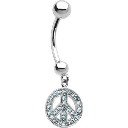 16G 14k White Gold  Aqua CZ Peace Sign Belly Ring