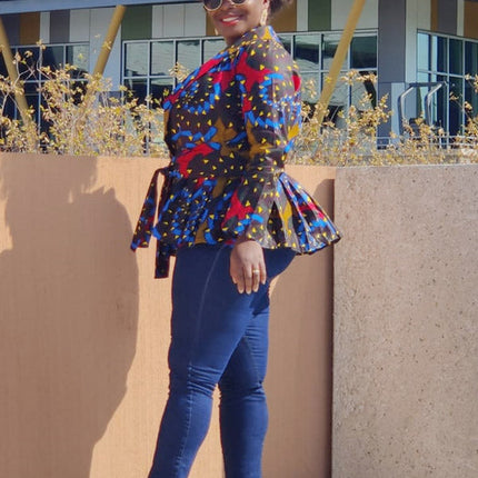 African Print  Long Sleeved Peplum Blouse
