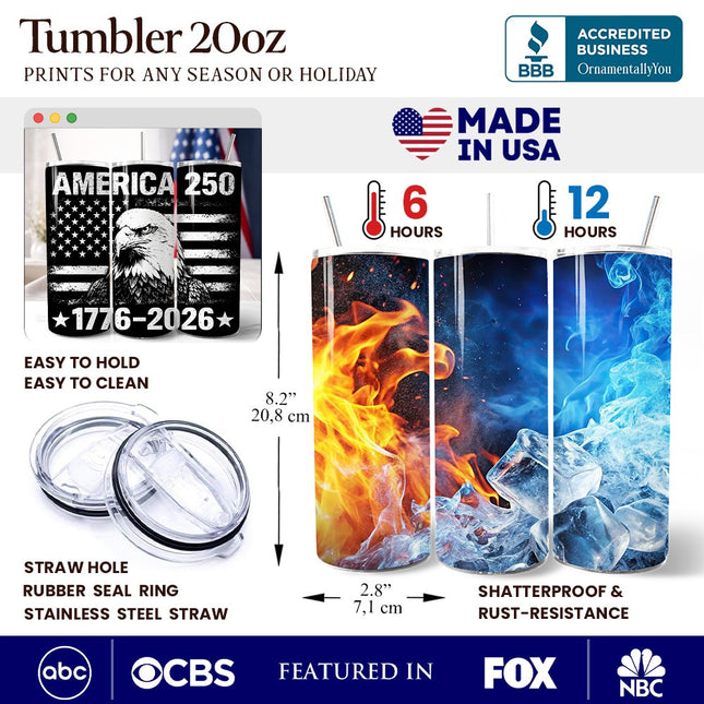 America 250 Freedom Flag Eagle 20oz Personalized Tumbler With Lid and Stainless Steel Straw, 4th of July Patriotic 1776–2026 Gift Cup