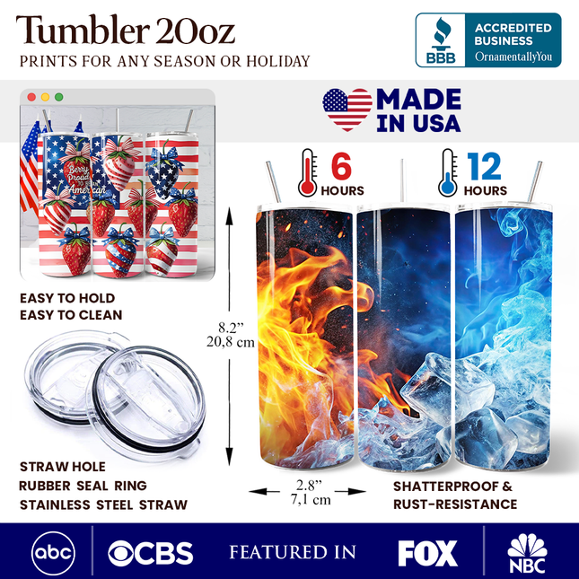Berry Proud to Be an American 20oz Personalized Tumbler With Lid and Stainless Steel Straw, Patriotic Strawberry 4th of July Gift Cup