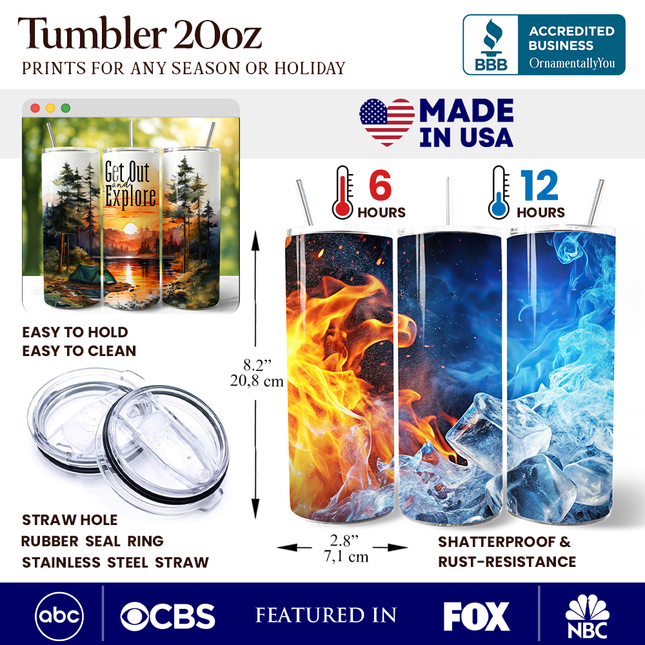 Get Out and Explore 20oz Personalized Tumbler With Lid and Stainless Steel Straw, Forest Camping Adventure Gift Cup