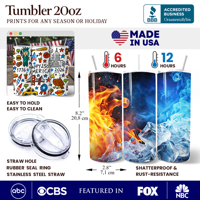 Happy 250 America Doodle 20oz Personalized Tumbler With Lid and Stainless Steel Straw, Patriotic USA 1776-2026 250th Anniversary Gift Cup