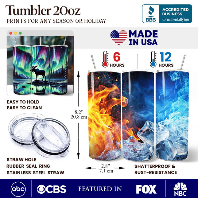 Majestic Moose Under Northern Lights 20oz Personalized Tumbler With Lid and Stainless Steel Straw, Enchanted Christmas Gift Cup
