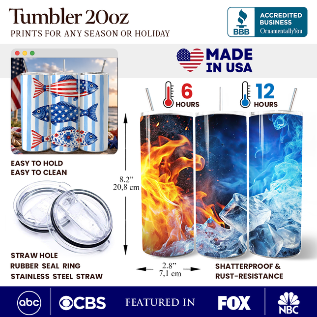 Patriotic Fish Stripe 20oz Personalized Tumbler With Lid and Stainless Steel Straw, 4th of July Angler Gift Cup
