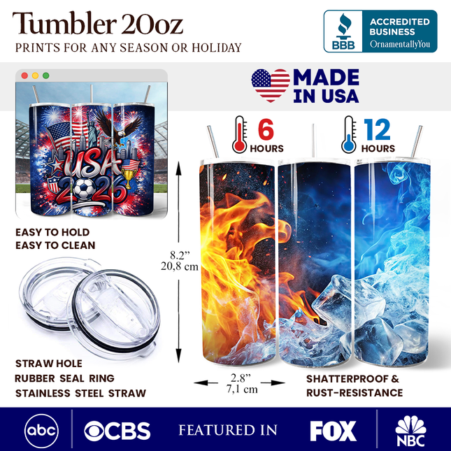USA 2026 Soccer Cup Global Championship 20oz Tumbler With Lid and Stainless Steel Straw, Fans Football Gift Cup
