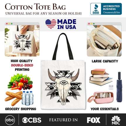Aztec Tribal Bull Skull Canvas Tote Bag, Western Boho Gift Shopper