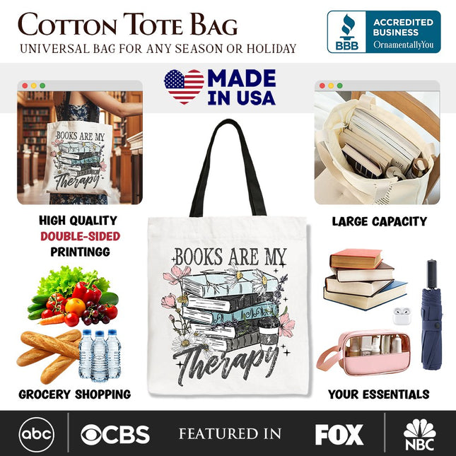 Books Are My Therapy Floral Vintage Canvas Tote Bag, Reading Aesthetic Gift Shopper for Bookworms