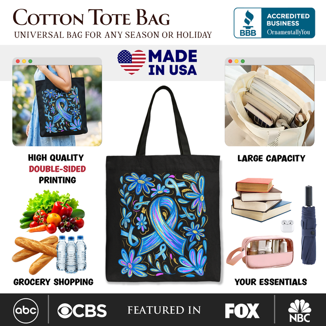 Diabetes Blue Ribbon Floral Tote Bag, Awareness Support Gift Shopper