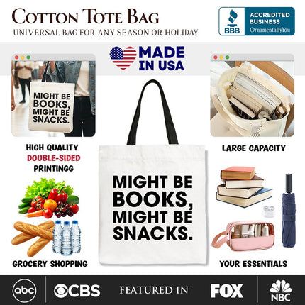Might Be Books Might be Snacks Canvas Tote Bag, Minimalist Gift Shopper for Bookworms