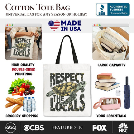 Respect the Locals Turtles Canvas Tote Bag, Retro Grunge Gift for Ocean and Beach Lovers