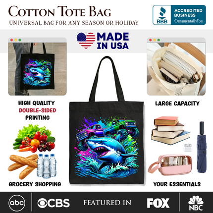 Trucks Shark Kids Tote Bag, Cool Ocean Animal for Youth Boys