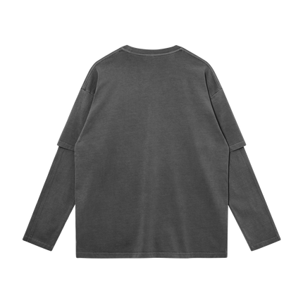 Dog Bite Streetwear Faux Layered Long Sleeve Tee In Faded Dark Grey 230 GSM Durable True To Size