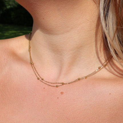 Stainless Steel Gold Tone PVD Ball Station Necklace Satellite Chain Double Necklace