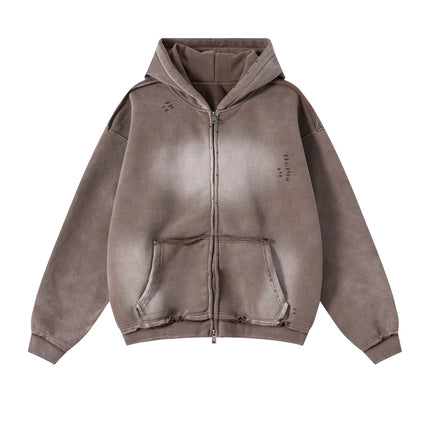 BROWN DISTRESSED ZIP HOODIE
