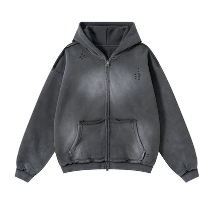 CHARCOAL DISTRESSED ZIP HOODIE
