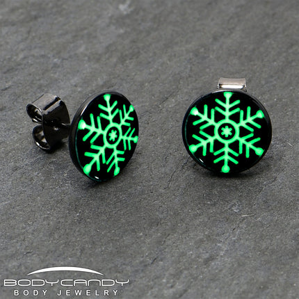 Black Anodized Glow in the Dark Holiday Snowflake Stud Earrings by Onyx O