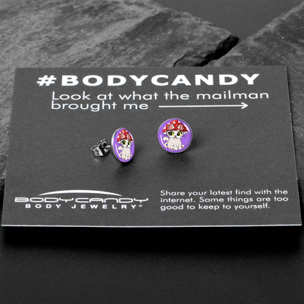 Polka Dot Mushroom Hat Cat Stud Earrings by Onyx O