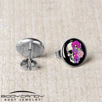 Floral Flowers Skull Stud Earrings by Onyx O