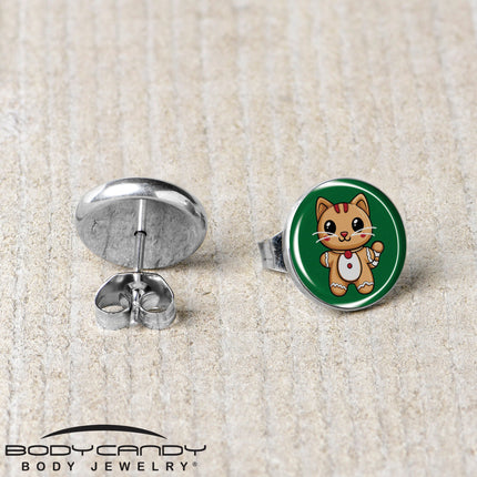 Christmas Holiday Gingerbrread Kitty Cat Stud Earrings by Onyx O