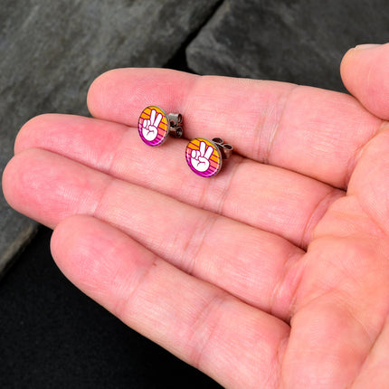 Retro Stripes Peace Sign Fingers Stud Earrings by Onyx O