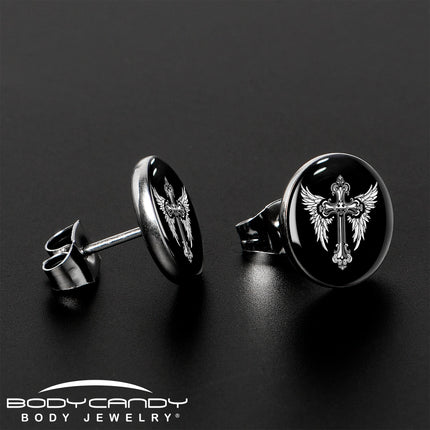 Black White Winged Cross Stud Earrings by Onyx O