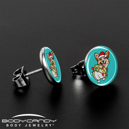 Christmas Holiday Lights Corgi Dog Stud Earrings by Onyx O