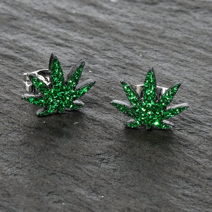 Green Glitter Marijuana Pot Leaf Stud Earrings