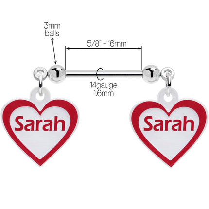 Custom Red White Heart Double Personalized Name Dangle Nipple Ring Set