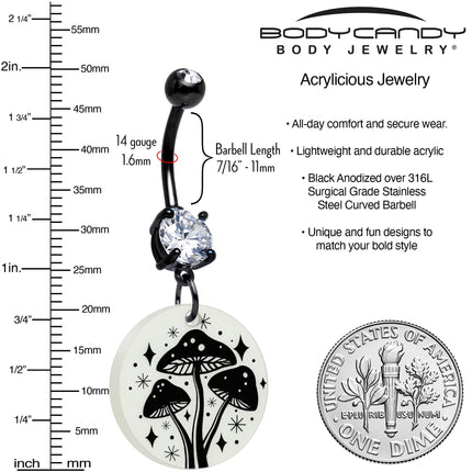 Black Double Gem Glow in the Dark Mystic Mushroom Dangle Belly Ring by Onyx O