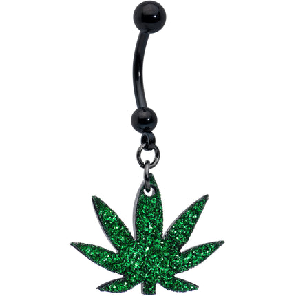 Green Glitter Marijuana Pot Leaf Black Dangle Belly Ring