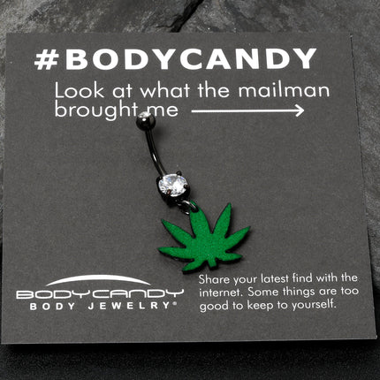 Double Gem Green Marijuana Pot Leaf Black Dangle Belly Ring