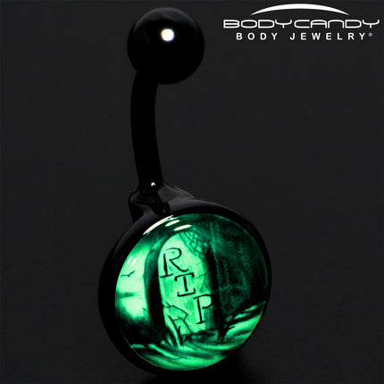 Black Titanium RIP Tombstone Glow in the Dark Belly Ring