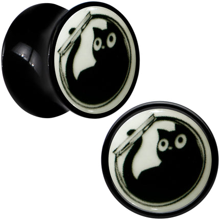 0G Glow in the Dark Fishbowl Kitty Cat Black Acrylic Saddle Plug Set by Onyx O