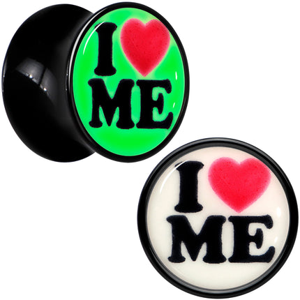 Black Acrylic I Love Me Glow in the Dark Double Flare Plug Set by Onyx O