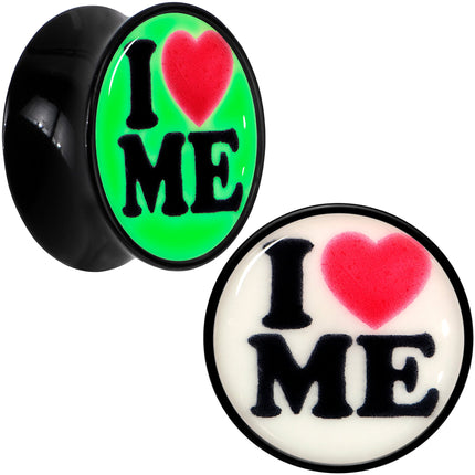 Black Acrylic I Love Me Glow in the Dark Double Flare Plug Set by Onyx O