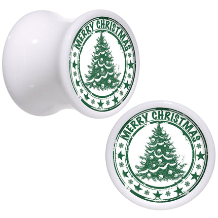 Merry Christmas Tree White Acrylic Saddle Plug Set Sizes 5mm to 20mm